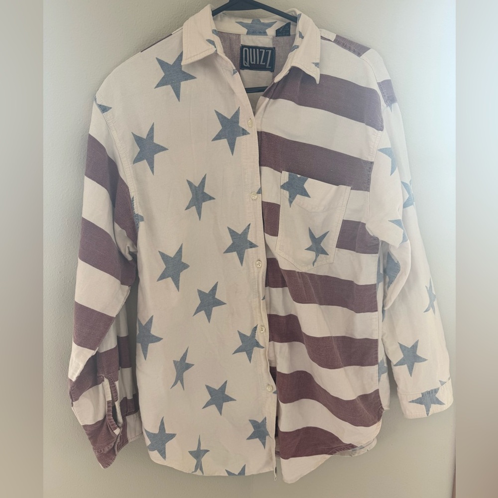 Quizz Stars & Stripes Button-Up Shirt in Cream, Blue & Maroon
